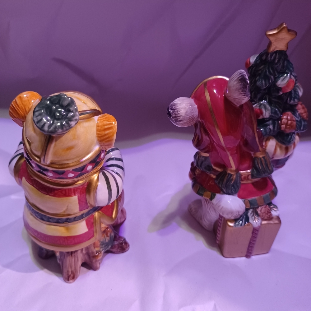 Fitz & Floyd Salt and Pepper Shakers Christmas Lodge Bunny Rabbit & Bear- 2001 - Picture 2 of 5